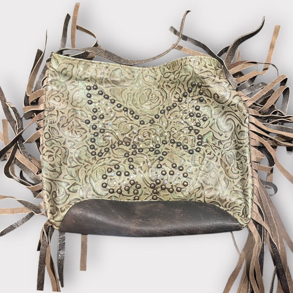 Large Leather Bag - Embroidered Fringe with Butterfly and Rose Detailing